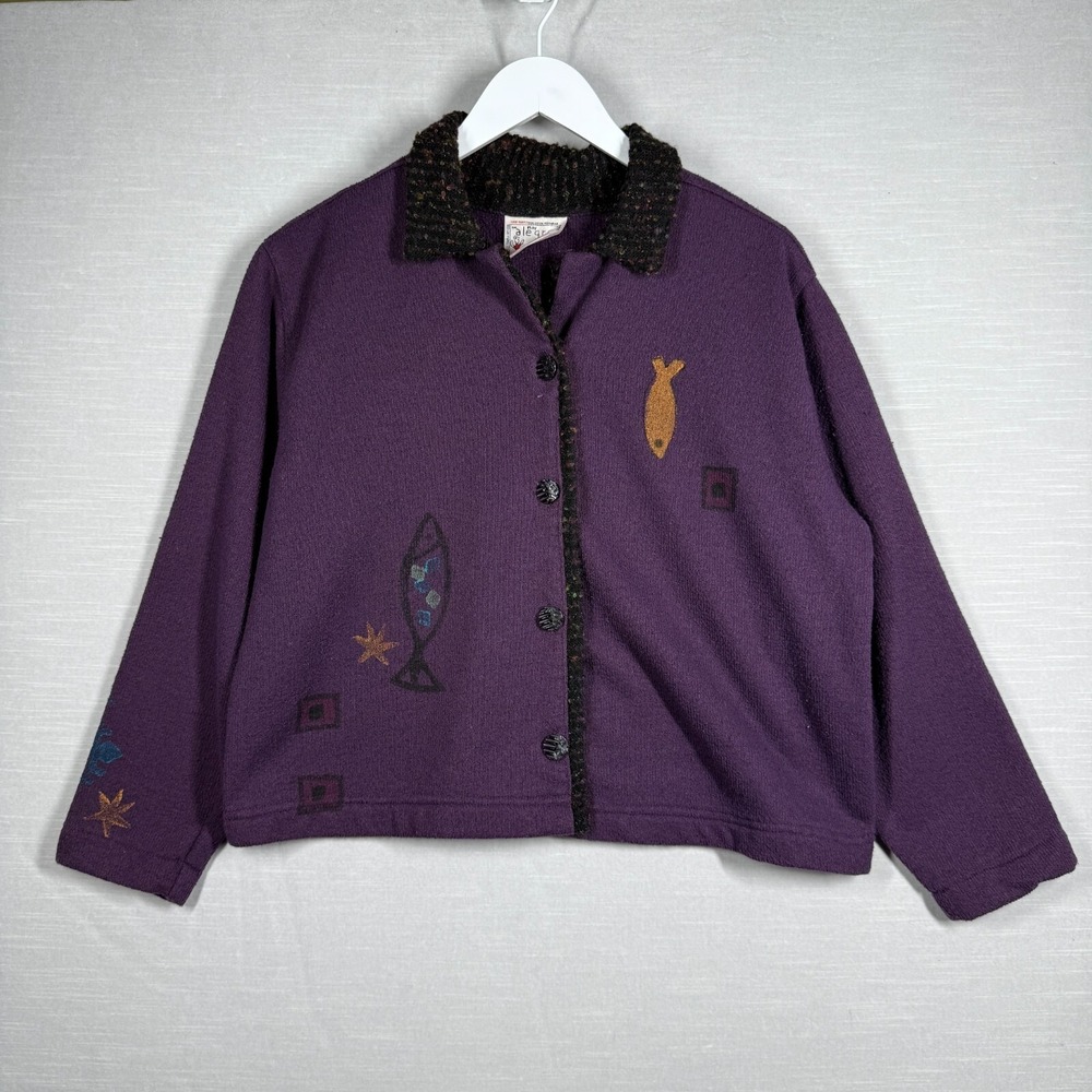Vintage Play Alegre Jacket Women M Purple Hand‎ Painted Fish Shacket Artsy